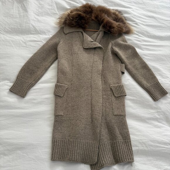 Long Knit Sweater Coat with Fur - Picture 1 of 1